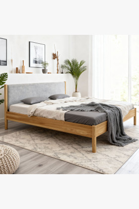 Massivholzbett Eiche 180x200 cm mit gepolstertem Kopfteil